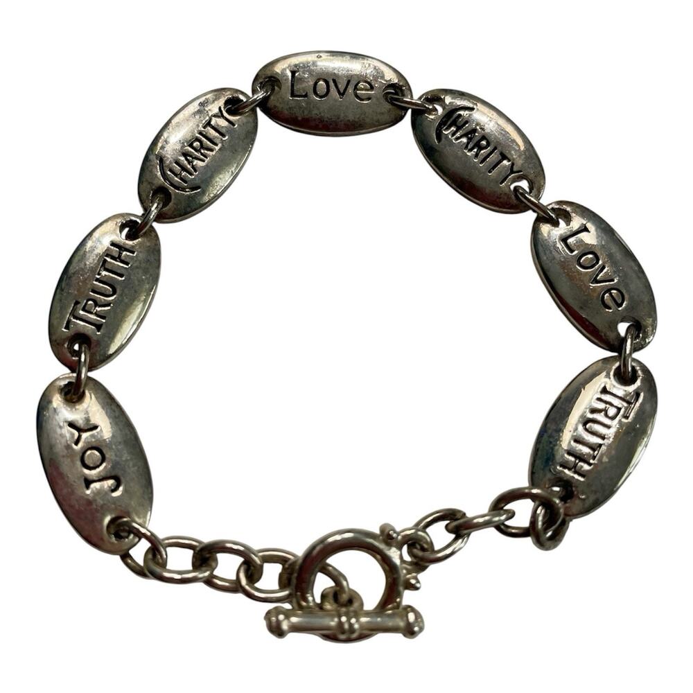 925 Sterling Silver Virtues Link Bracelet Love Truth Charity Joy Toggle Clasp